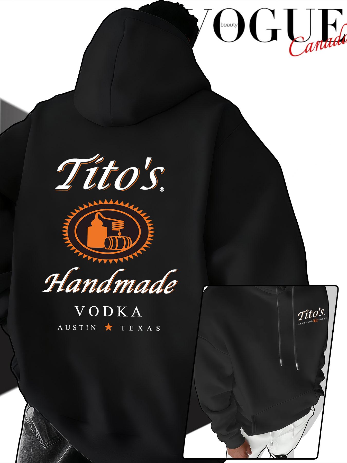 Men's Hooded Sweatshirt Fall & Winter, Tito's Handmade Vodka Print, American Vintage Loose Fit, Couples' Drop Shoulder Pullover