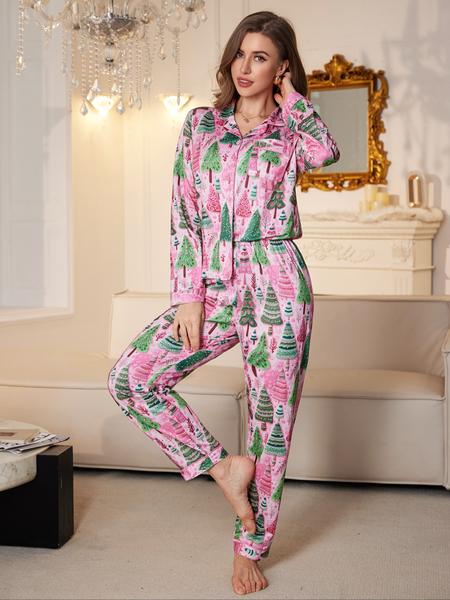 Women's Christmas Tree Print Pajama Set, Casual Fitted Long Sleeve Top & Comfortable Pants, All-Over Cartoon Pattern Sleepwear, Casual Comfy, Sleepwear Loungewear