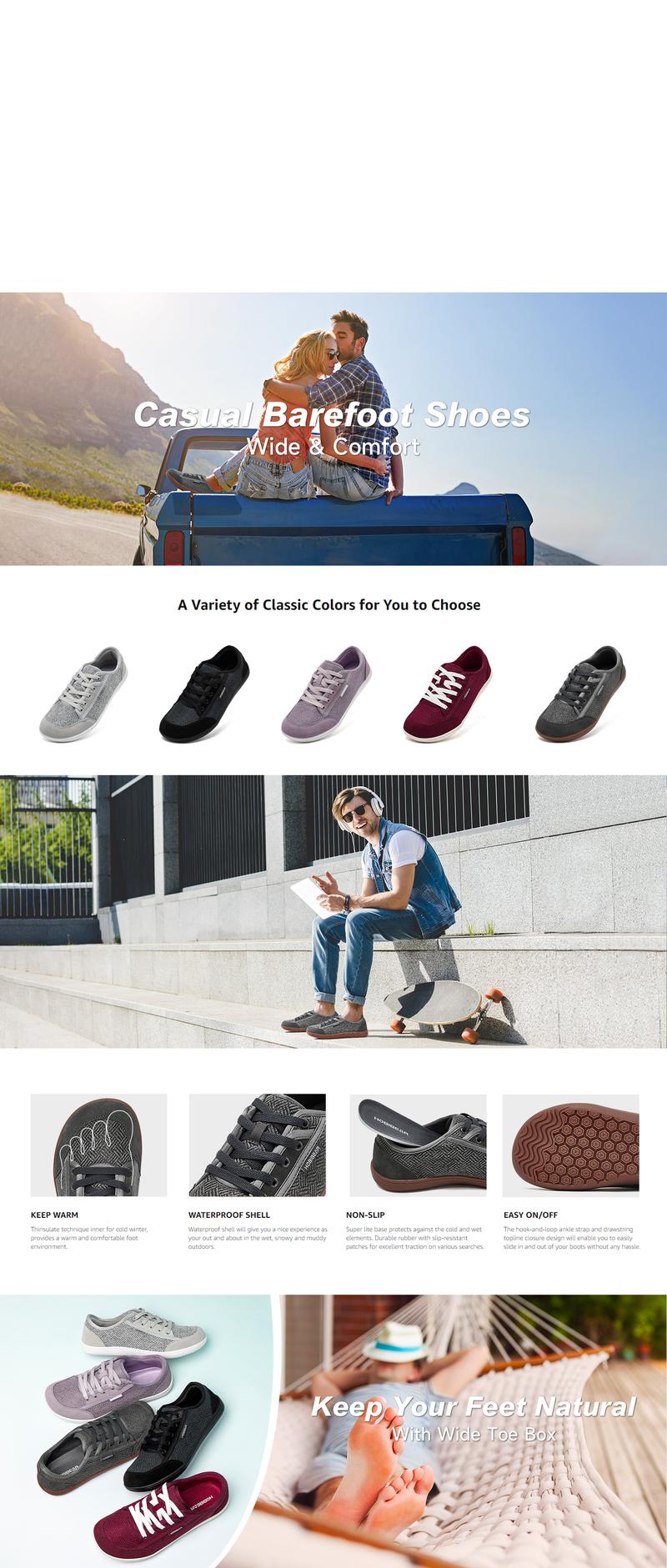 HOBIBEAR Barefoot Shoes for Women Men Zero Drop Sole Wide Toe Box Walking Sneakers