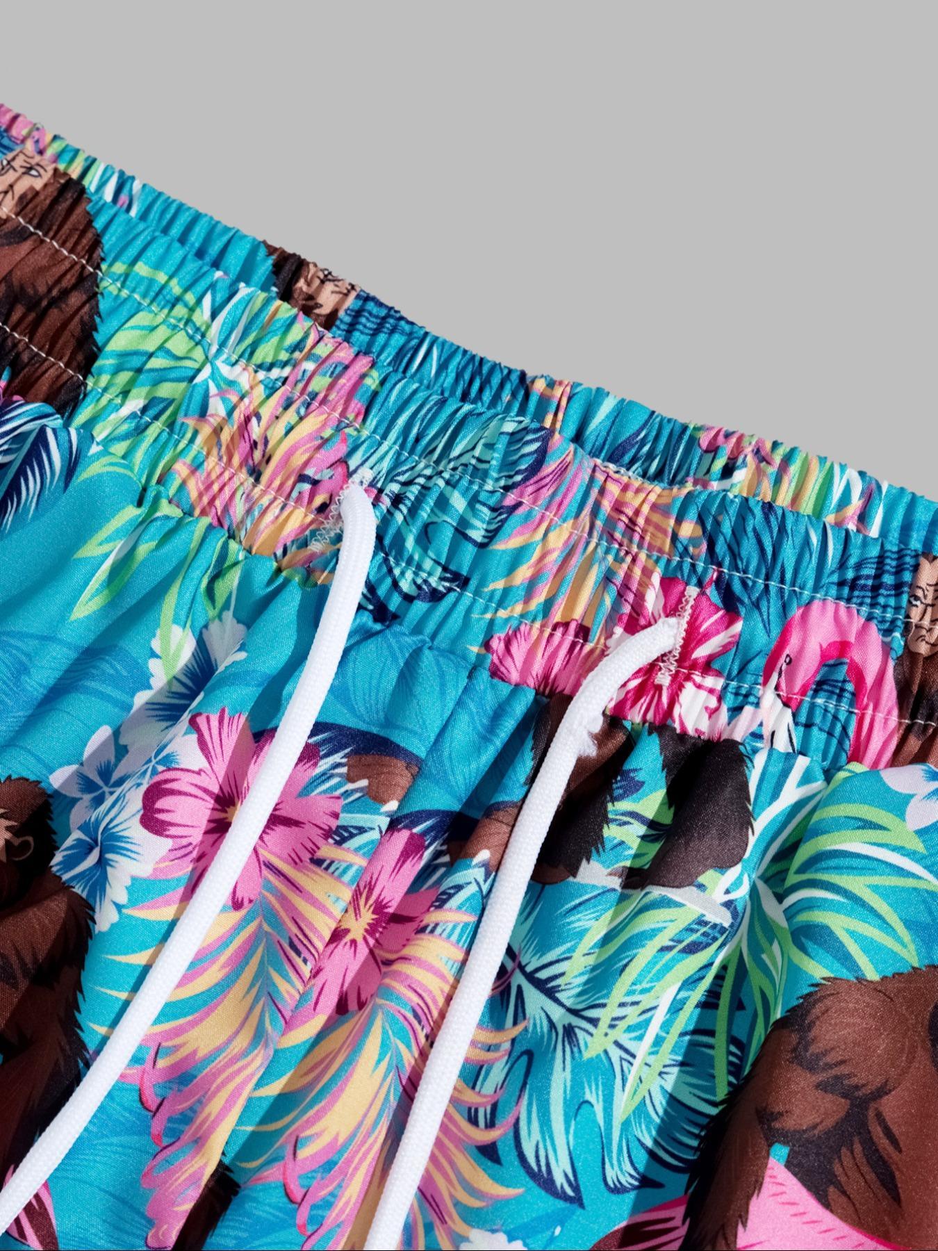 Men's Monkey & Flamingo Print Boxer Brief Swim Trunks, Regular Fit Casual Comfy Swim Shorts for Summer, Men's Swimwear for Beach Vacation