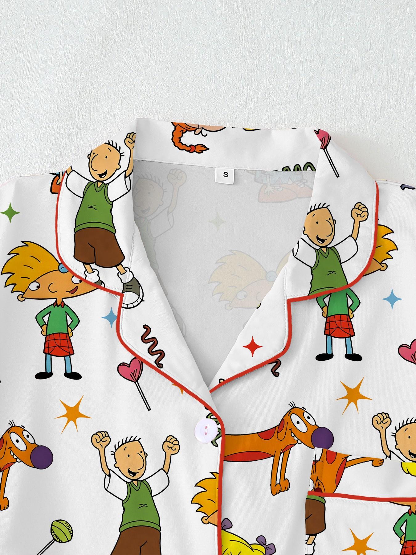 Teen Retro Cartoon Print Pajama Set, Soft Comfortable Short Sleeve Sleepwear, Casual Home Wear, Ideal for Summer, Perfect Gift for Teens