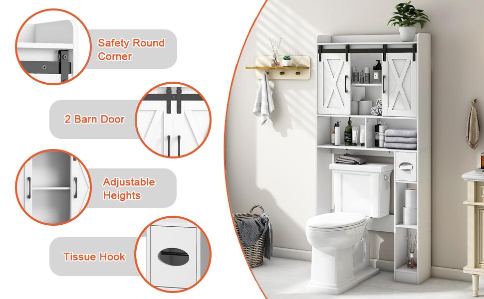 Vabches Farmhouse Over The Toilet Storage Cabinet with Sliding Doors & Adjustable Shelf for Bathroom Organization, Space-Saving Wood Rack for Toiletries & Decor