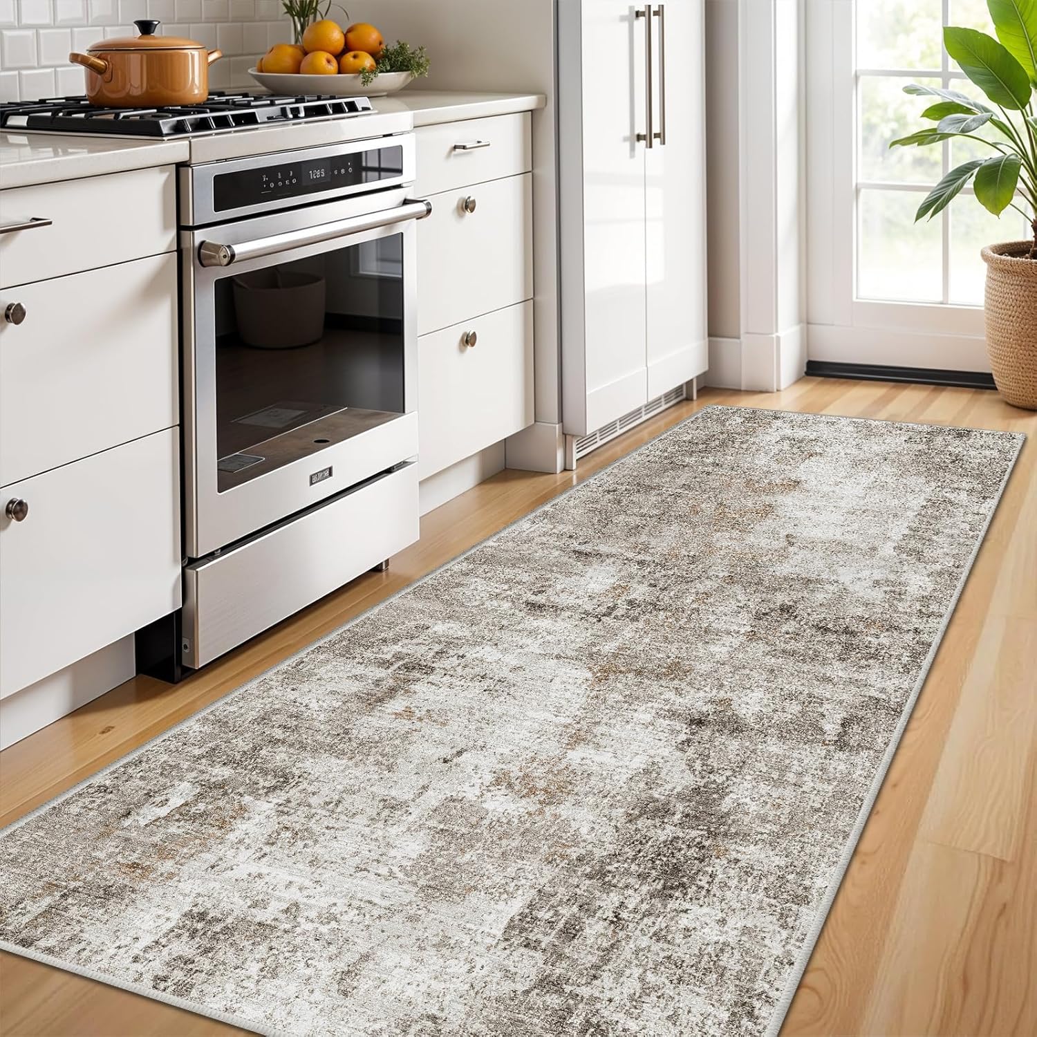3x7 Washable Non-Slip Kitchen Runner Rug – Modern Abstract Neutral Beige & Gray Carpet for Hallway, Entryway, Bedroom, Laundry Room – Low-Pile Thin Wide Floor Runner with Rubber Backing