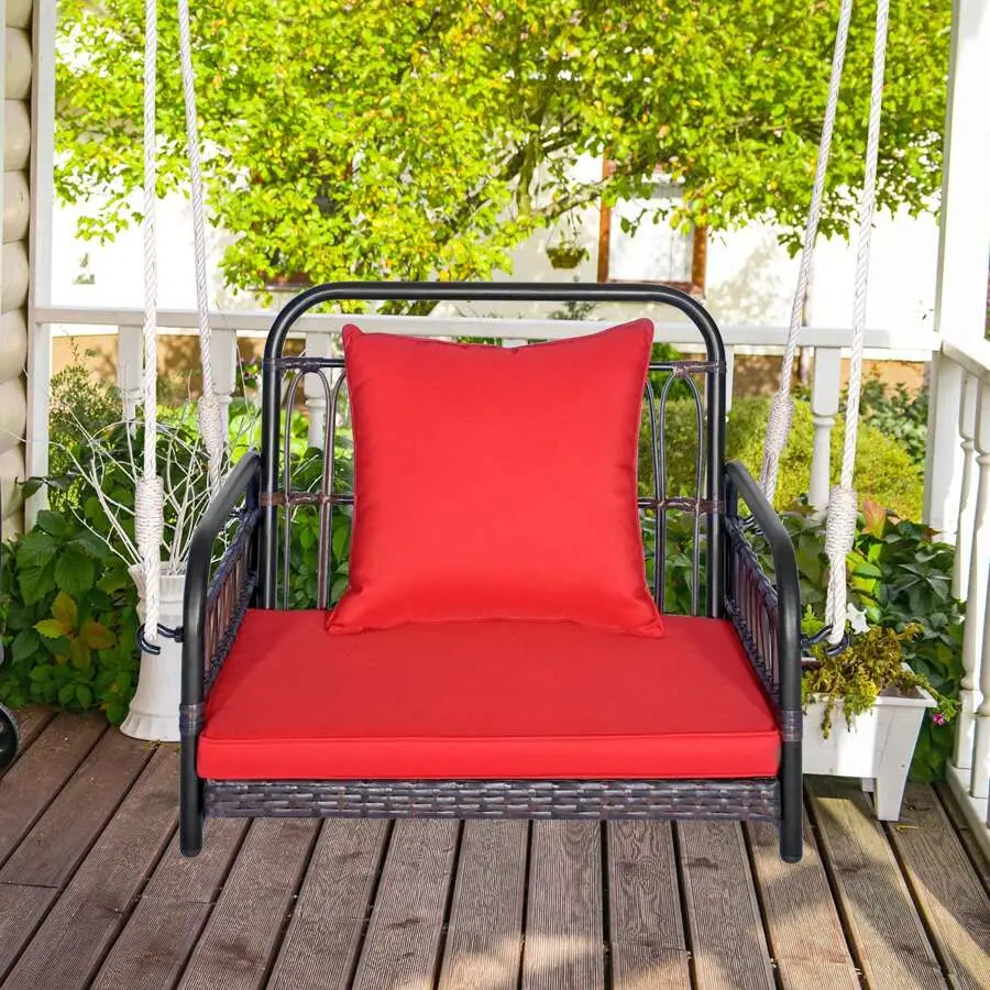 Lifezeal PE Rattan Hanging Swing Hammock Chair With Red Zipper‑Removable Cushions, 400 Lb Capacity Metal‑Frame Patio Hanging Basket Chair For Balcony Backyard Porch Garden