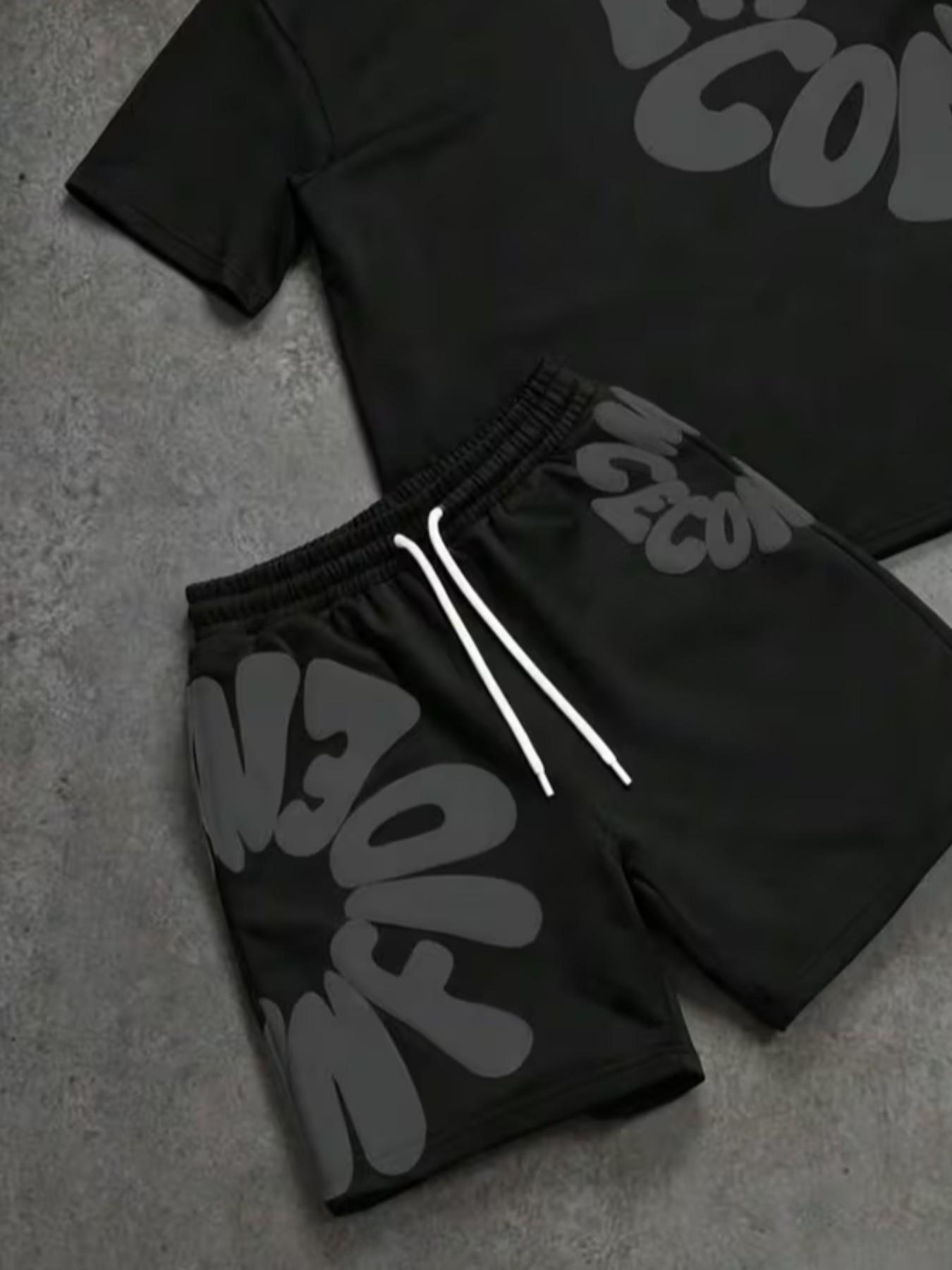 Men's Simple Letter Print Set, Round Neck Short Sleeve T-Shirt and Shorts, Casual Fitted Two-Piece Set Outfit, Suitable for All Seasons