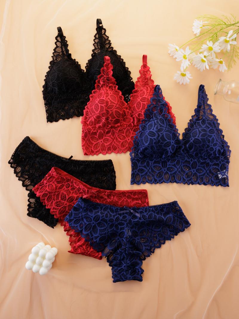Women's Lace Underwear Set, Romantic Adjustable Strap Wireless Bra & Bow Decor Panty Set, Women's Lingerie Set Women's Lace Underwear Set, Romantic Adjustable Strap Wireless Bra & Bow Decor Panty Set, Women's Lingerie Set