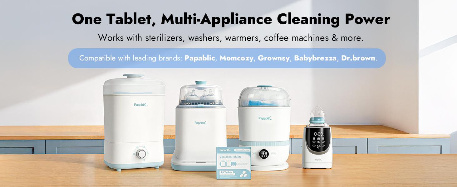 Papablic Descaling Tablets, Compatible with Momcozy, Baby Brezza, Papablic Bottle Washer, Warmer, Sterilizer & Formula Maker – Removes Milk & Limescale for Better Performance, 25 Count