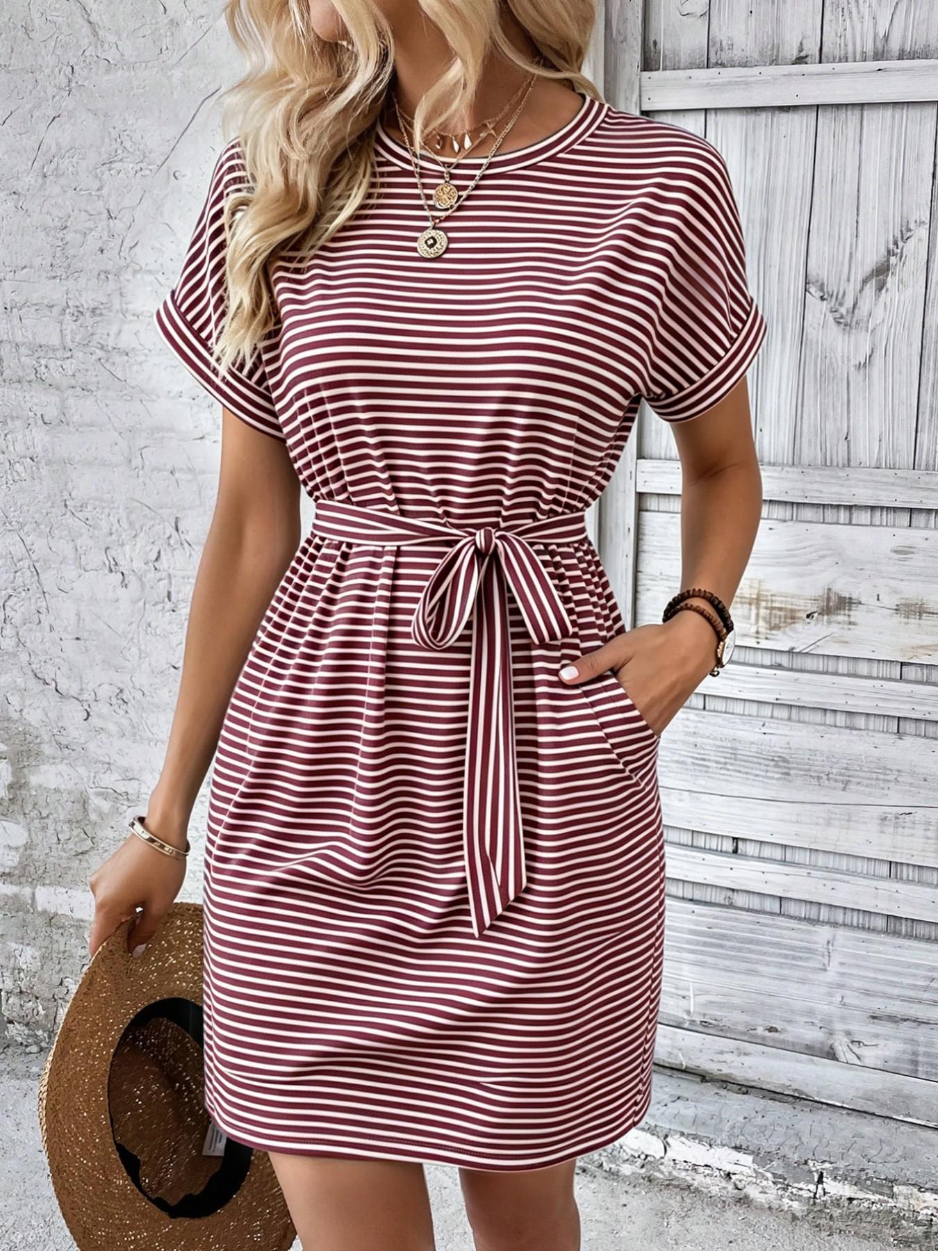 Women's Casual Summer Short Sleeve Tie Front Dress with Belt, Loose Fit  Soft Comfortable Fabric Pockets Knee Length Dress for Daily Wear - TikTok  Shop