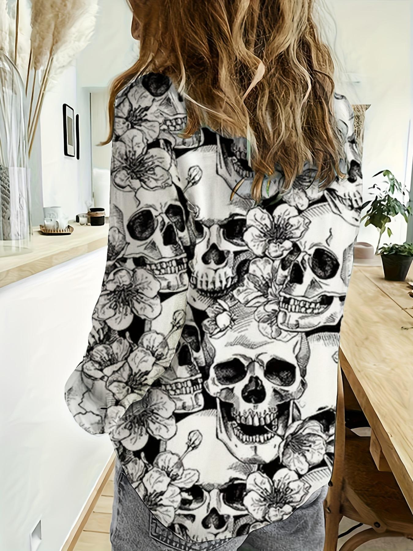 Women's All Over Skull Print Button Front Shirt, Casual Long Sleeve Collared Top for Daily Wear, Ladies Clothes for All Seasons