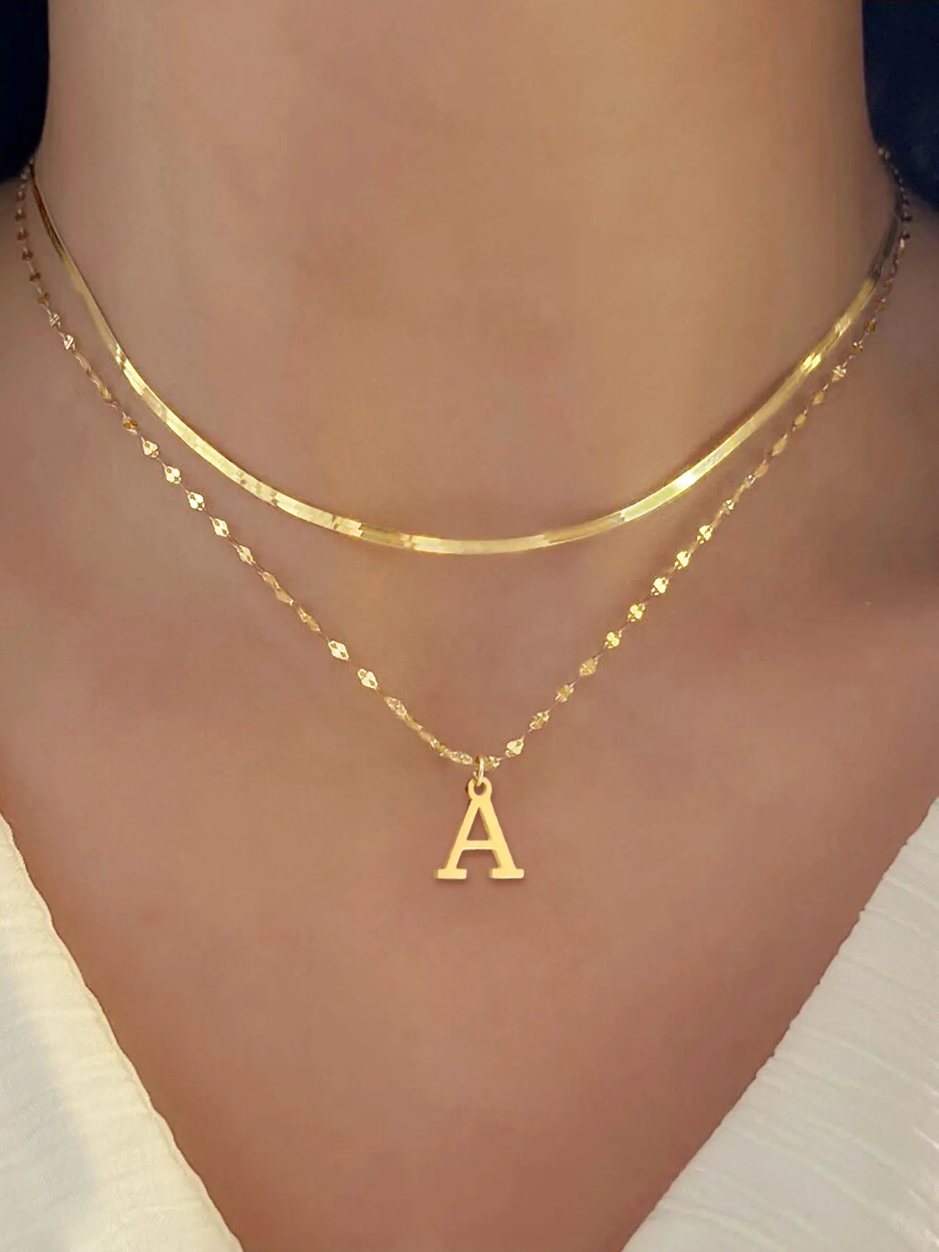 2Pcs/Set Initial Women Necklace Simple Fashion Golden Stainless Steel Lip Chain Choker Herringbone Layered Chain Necklaces For Women Initial Letter Necklace