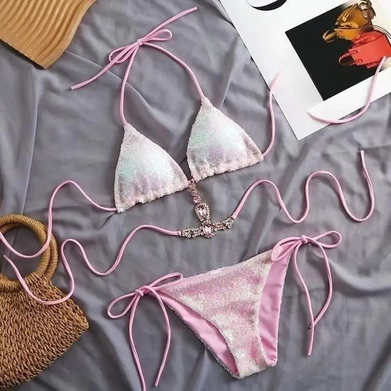 Pink Sequin Triangle Bikini Set with Rhinestone Decor Women's Y2K Glitter Swimwear Halter Tie Side Bathing Suit Beach Pool Party