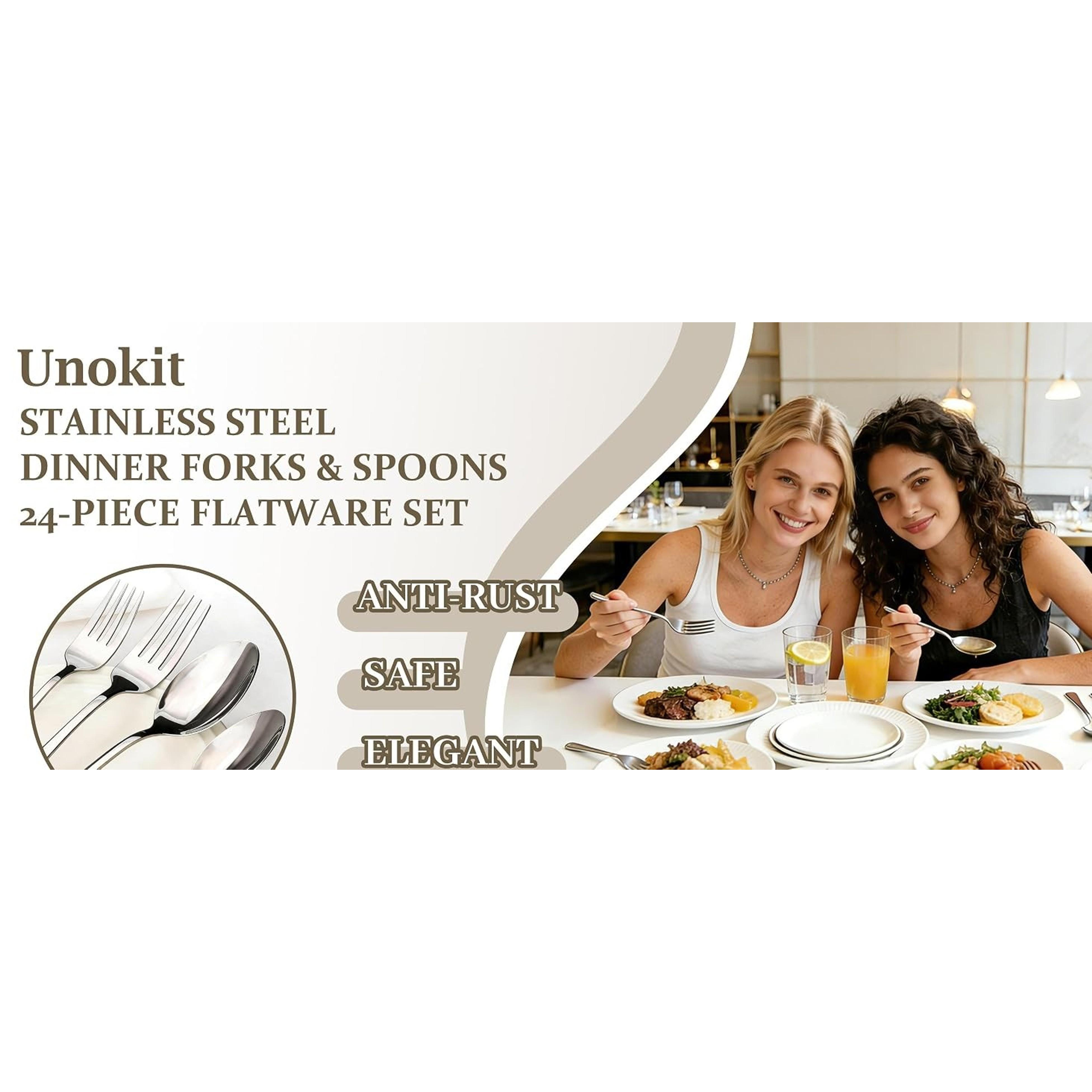 24-Piece Food Grade Stainless Steel Silverware Set - 12 Forks, 12 Spoons, Mirror Polished, Dishwasher Safe for Home, Restaurant Kitchen Utensils
