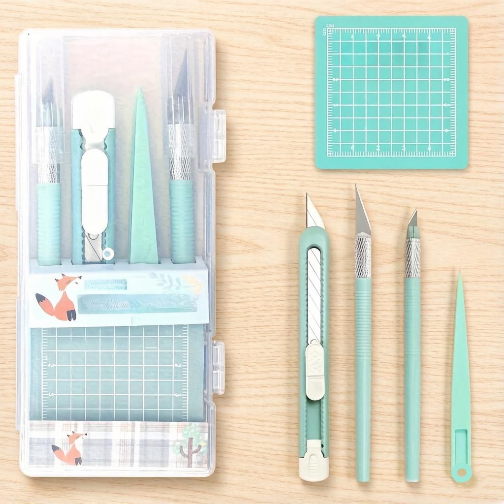 Mint Craft Knife Set, Transparent Storage Box + Grid Cutting Pad + Multiple Blade Sizes, Portable Precision Cut Tool, Cutting Supplies