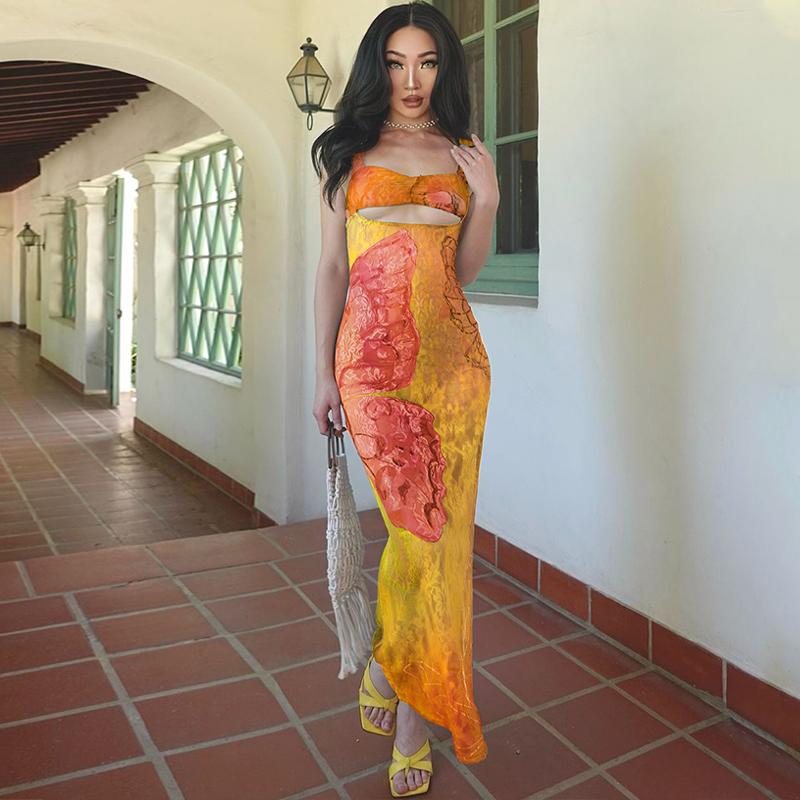 Sexy Mesh Print Sheer Sleeveless Dress Women's 2025 Summer Vacation Holiday New V Neck Bodycon Slim Casual Elegant Dress for Party Club Maxi Dresses