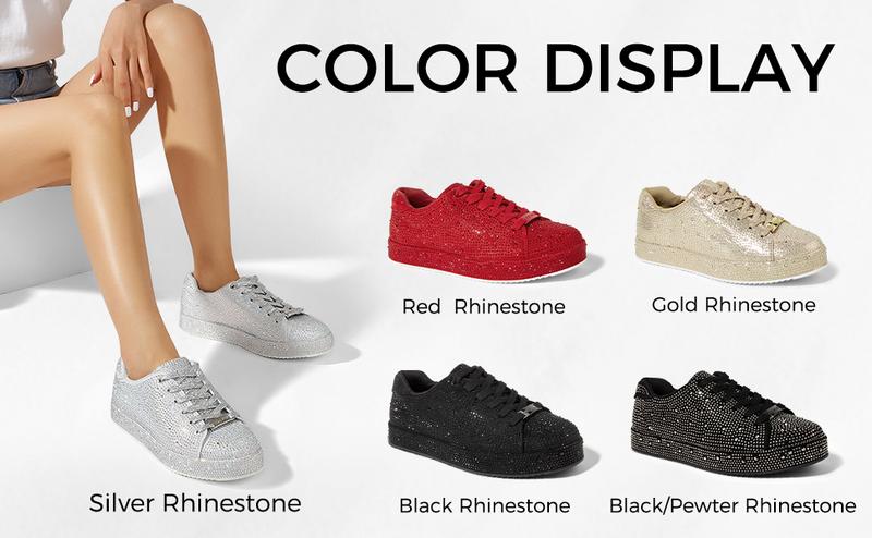 LUCKY STEP Platform Rhinestone Fashion Glitter Sneakers Sparkly Bling Bedazzled Wedding Bridal Shiny Shoes for Women Non-slip TPR Outsole