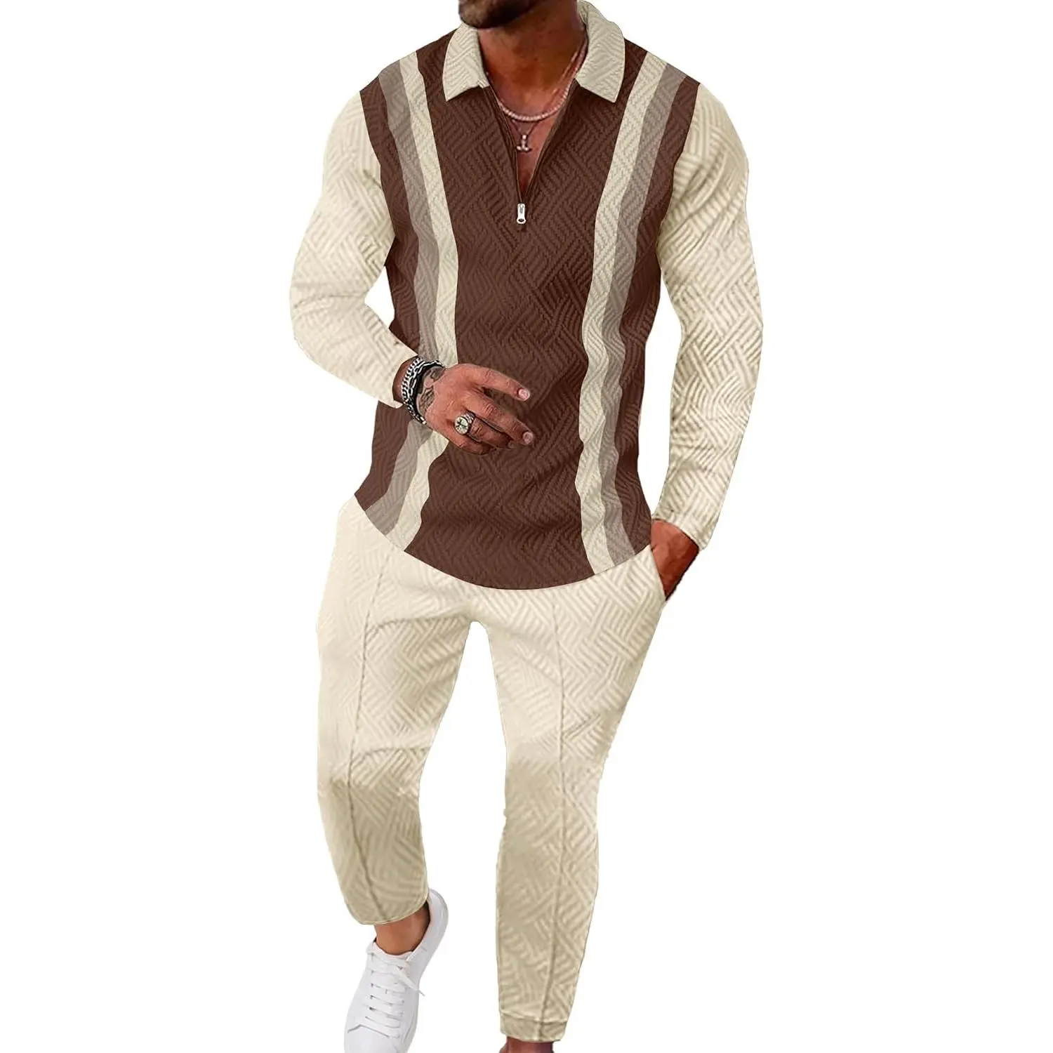 Mens 2 Piece Set Casual Outfits 1/4 Zip Polo Long Sleeve Shirt & Pants Track Suit Loungewear Athletic Sweatsuit