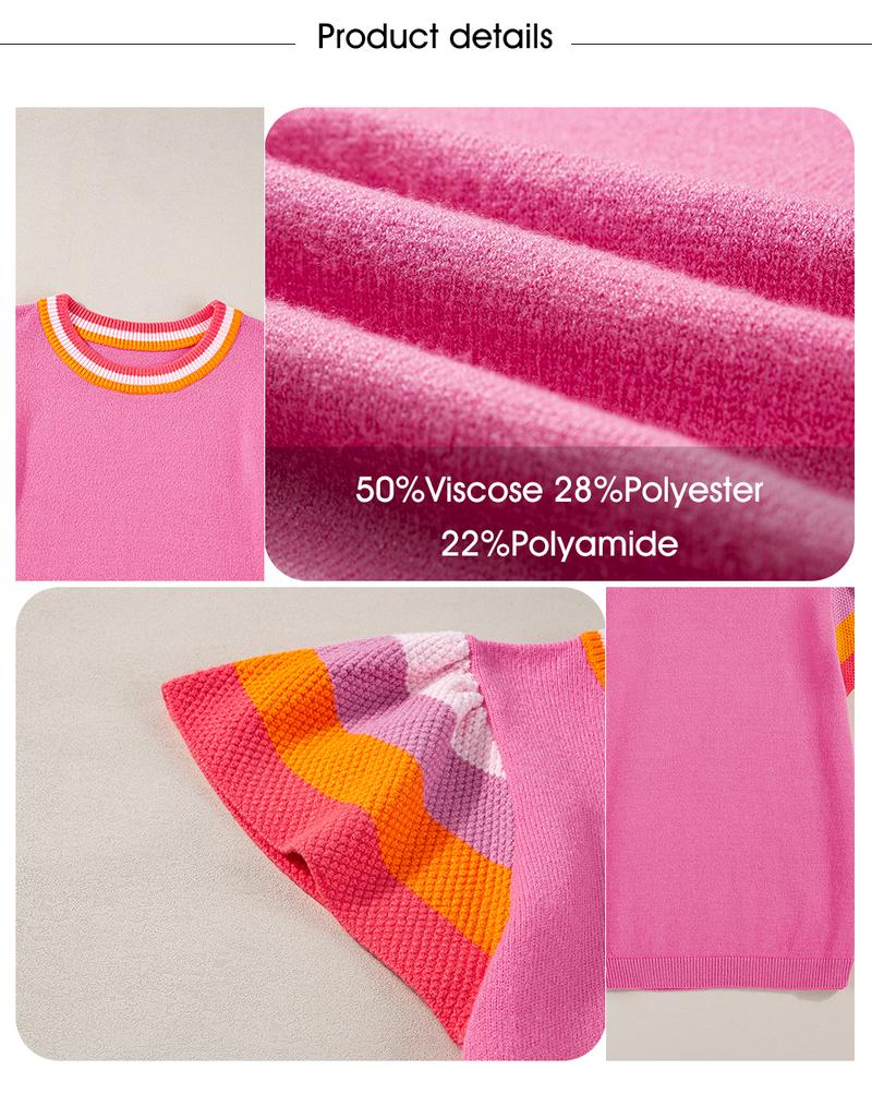 Shewin 2026 Spring/Summer Women's Color Block Short-Sleeve Soft Knit Pullover Round Neck Loose Fit Lightweight Versatile Everyday Knitwear Elegant Chic Solid