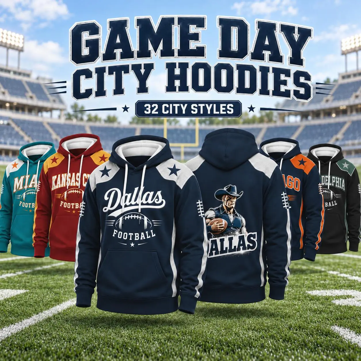 Unisex Soft Fabric Game Day City Football Hoodie - Men’s/Women’s 32 Color-Block Pullover, Front Graphic & Back Retro City Football Hooded Top, Casual Wear Sports Fan Outerwear, Perfect Gift for Supporters