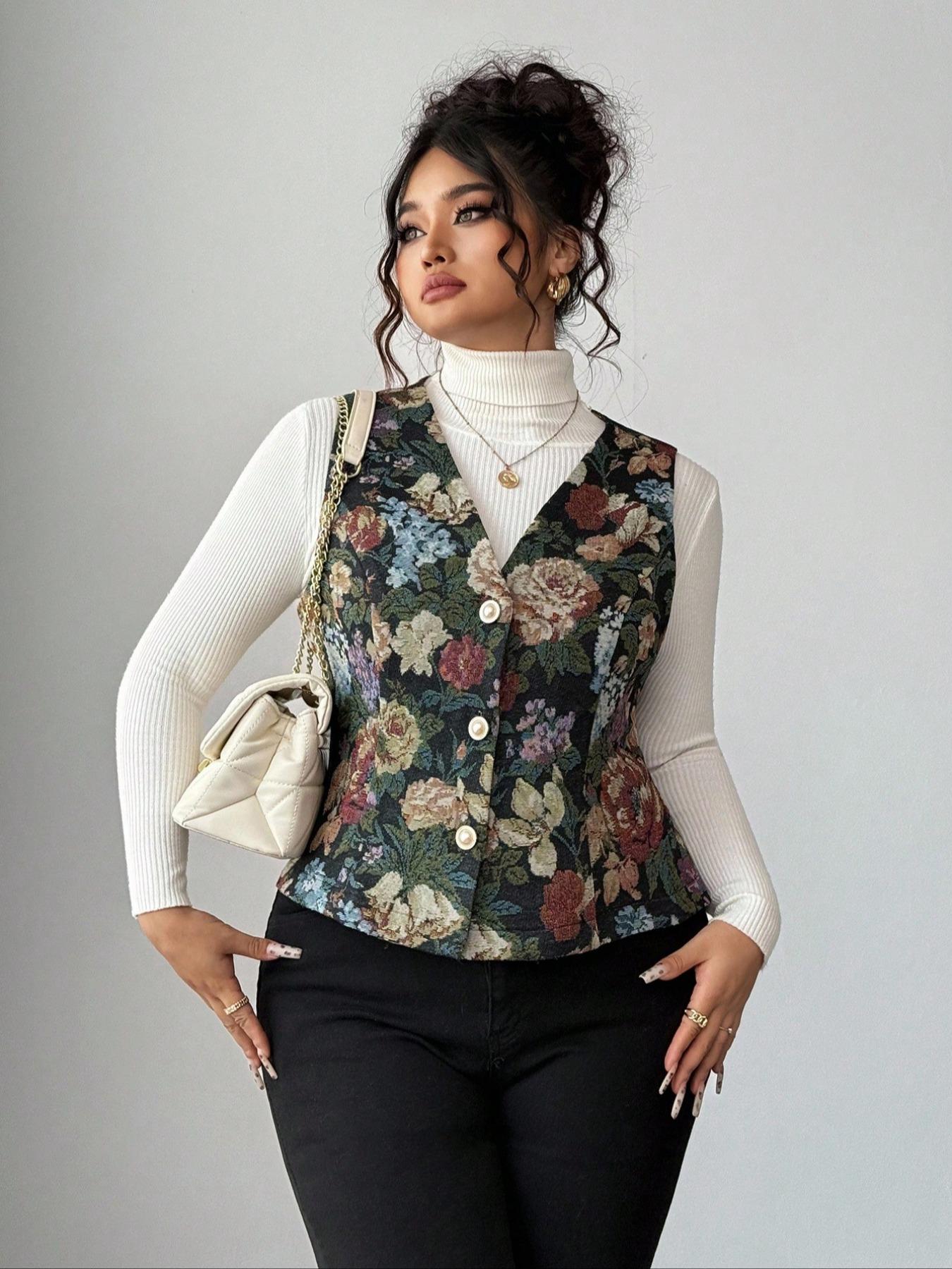 Women's Plus Size Casual Ethnic Pattern Vest Top, Sleeveless Vintage Button Design, Perfect for, Parties, Daily Wear