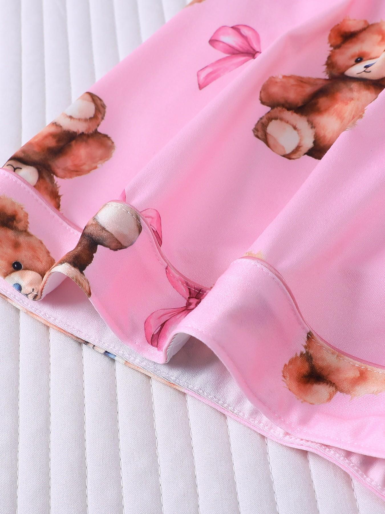 2 Piece Women's Pajamas Set, Pink Teddy Bear Bow Print Short Sleeve Sleepwear, Lapel Button Down Top with Pocket, Elastic Waist Shorts, Cute Cartoon Bear Comfy Loungewear for All Seasons, Daily Casual Homewear