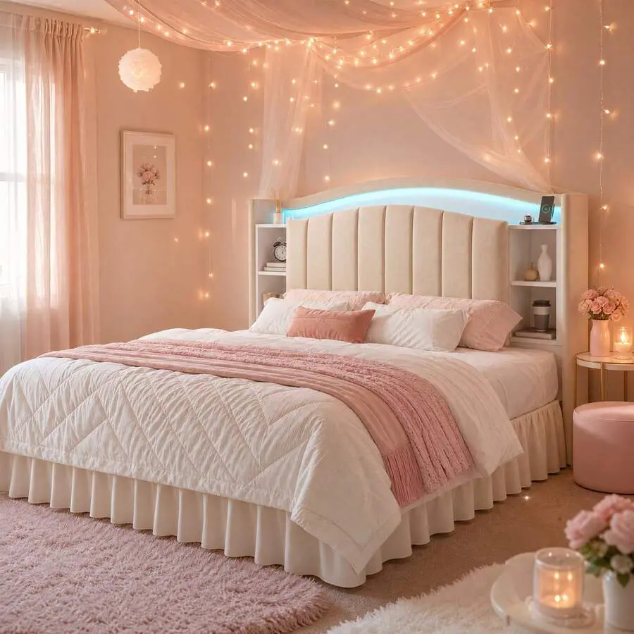 Bed Frame With Bookcase Headboard & Hidden-Cubby Platform Bed Frame With Bed Skirt Design, LED Lights & Charging Station, 14-Inch Under Bed Storage, Noise-Free, Beige