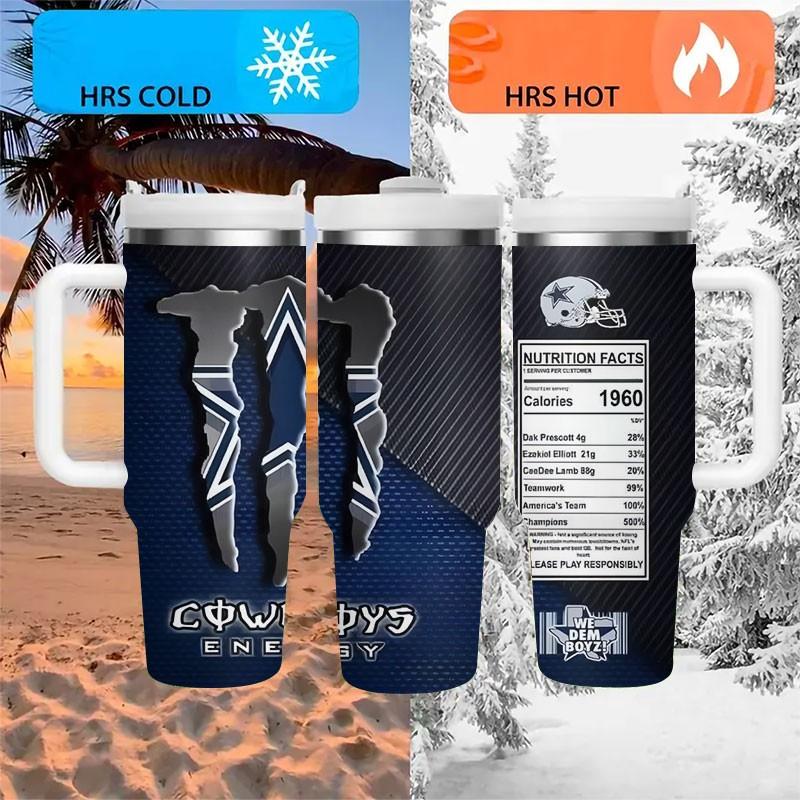 1pc Dallas Cowboys Energy Drink Pattern 40oz Tumbler, Non-Slip Handle Insulated Cup, Large Capacity Functional Beverage Straw Cup, Car/ Sports Use