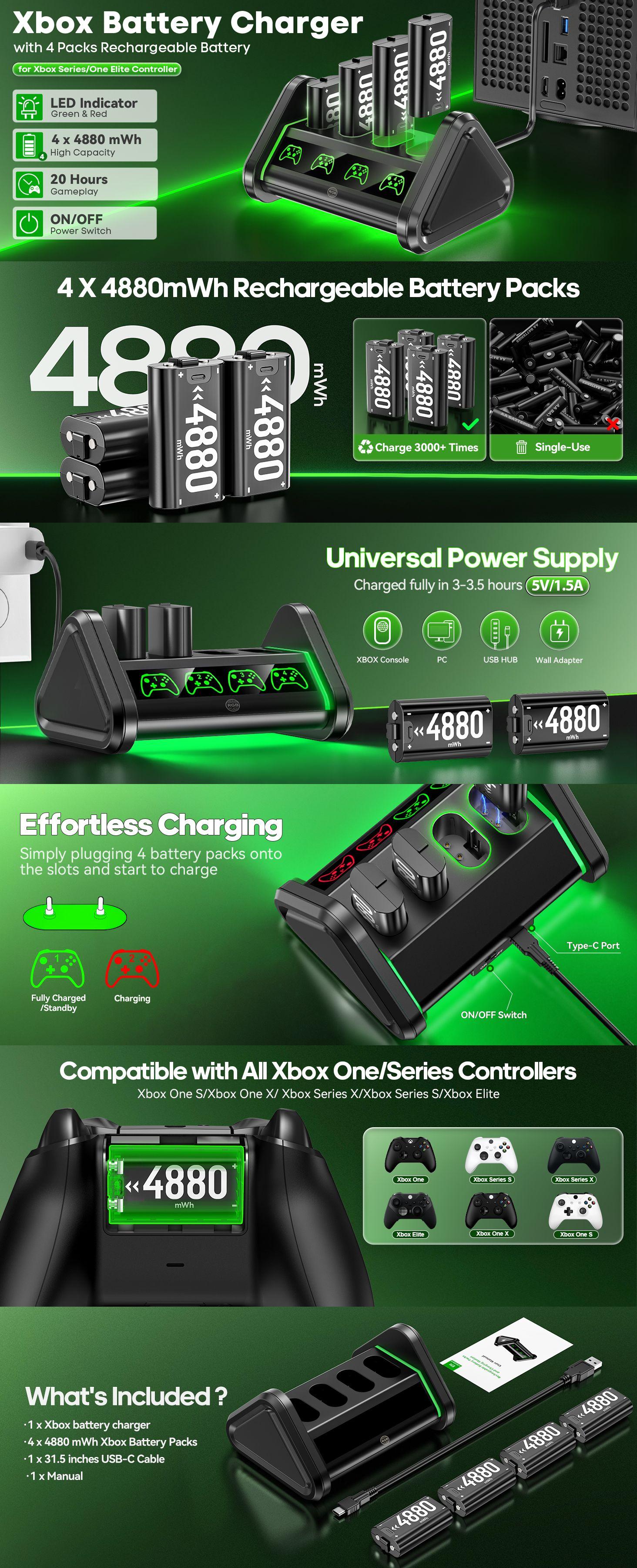 SUNDAY MIRTH Rechargeable Battery for XboxOne/Xbox Series X|S, 4 x 4880mWh Xbox Batteries, Xbox Series Battery Charger Station for XboxOne S|X/Elite Controllers Console, Accessories SUNDAY MIRTH Rechargeable Battery for XboxOne/Xbox Series X|S, 4 x 4880mWh Xbox Batteries, Xbox Series Battery Charger Station for XboxOne S|X/Elite Controllers Console, Accessories