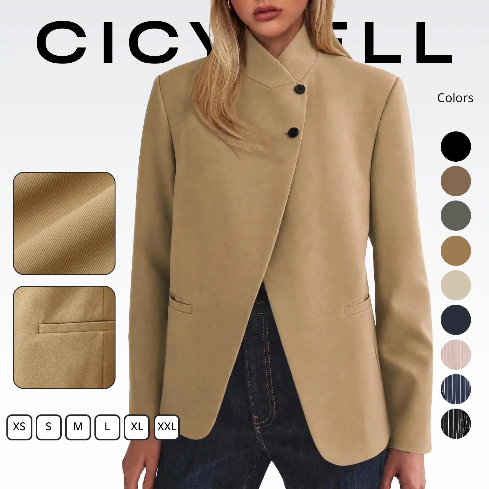 Cicy Bell Women's Casual Stand Collar Blazer Trendy Button Suit Jacket | Open Cross Front, Long Sleeve, Work Office, Business Coat