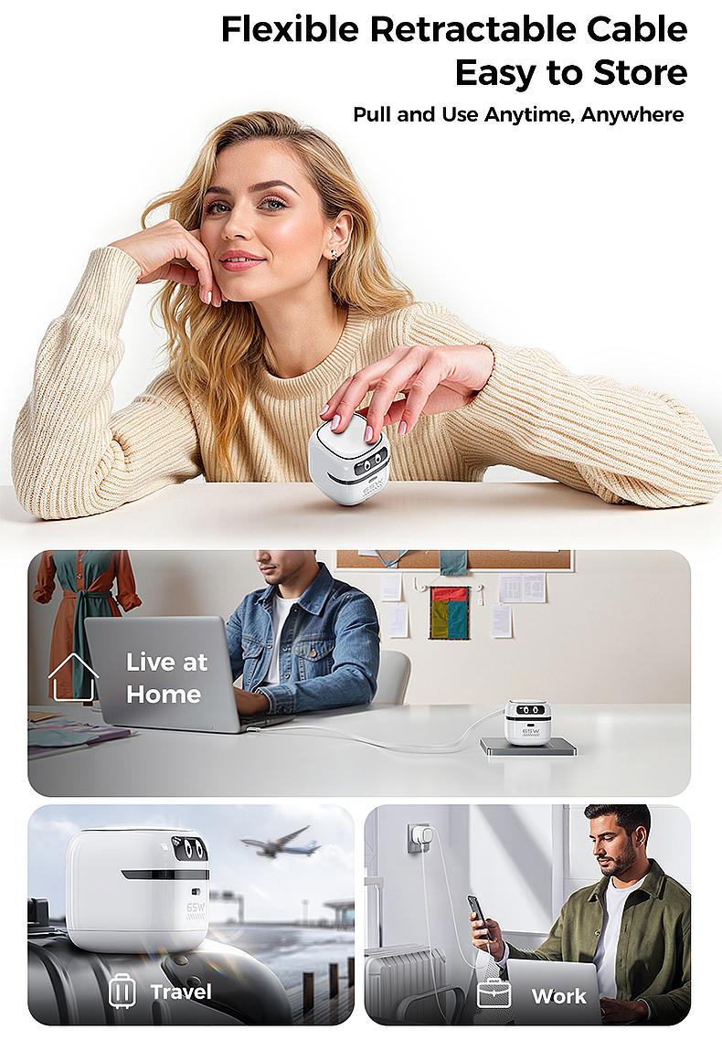 MAGIC JOHN GaN Charger Compatible with 65W Fast Charger with Retractable Type-C Cable, Dual-Port Output, Safer Charging, Paortable for iPhone, iPad, Macbook, Airpods, and Android