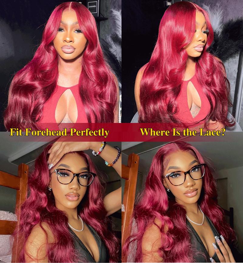QUANDIAN 99J Burgundy Colored 13x4 HD Lace Front Wigs Human Hair Body Wave Red Wig 180 Density Wine Red Lace Front Human Hair Wigs for Women Springtok