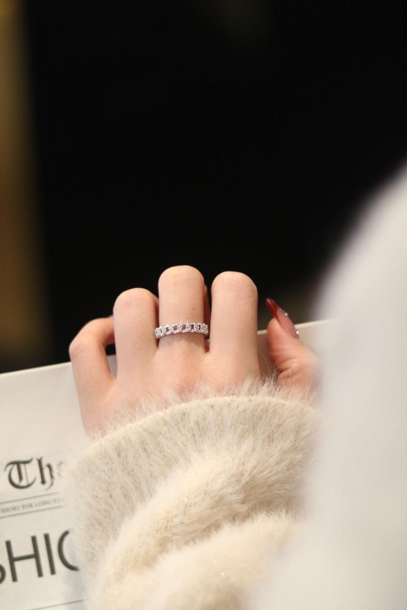 【#288 Cuban Band】Full Synthetic Moissanite Link Chain Ring Band in 925 Sterling Silver