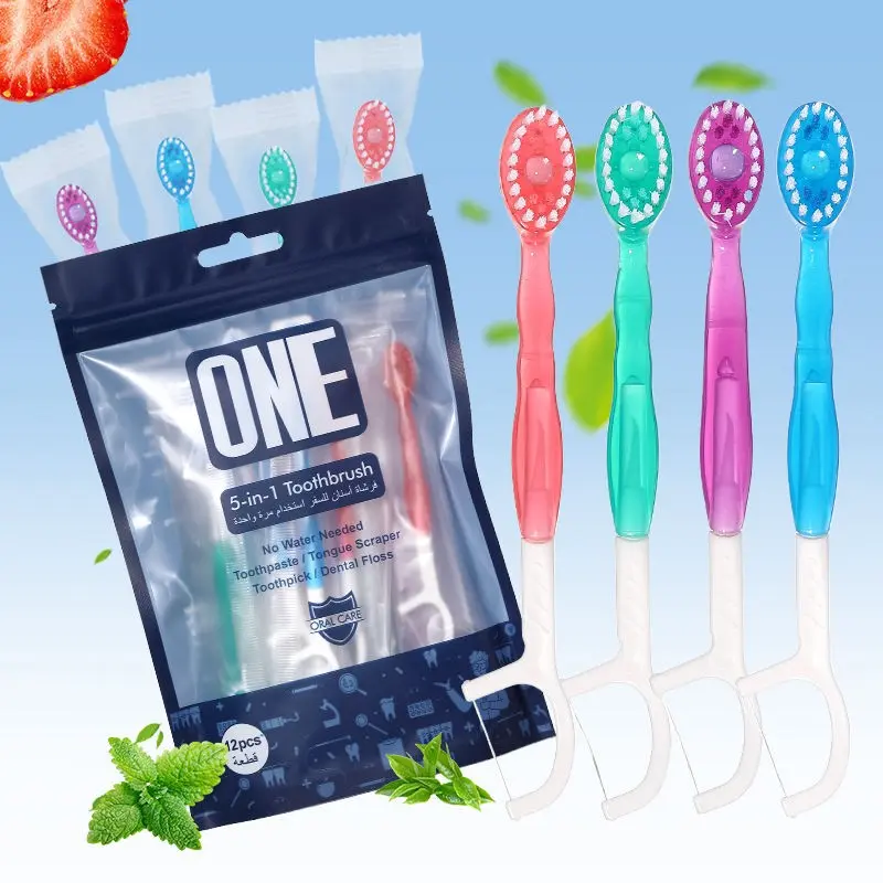 Disposable Toothbrush 3-In-1 with Floss and Toothpick, No Rinse Mini Travel Kit, Soft Bristles, Oval Head, for Office, Gym & Emergency