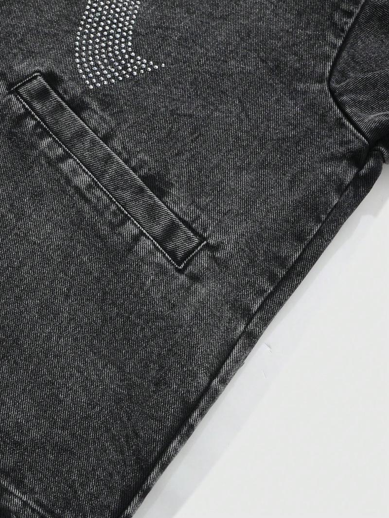 Dark Denim Jacket with Diamonds and 'la' Logo, Vintage Corduroy Collar and Frayed Design, Stylish Zippered Fit for Casual Outings