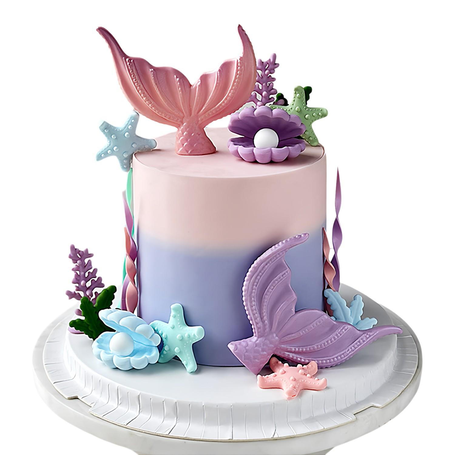 Mermaid Tail Ocean Cake Decoration Set, Trendy Underwater World Cake Toppers, Ocean Theme Kids Birthday Baking Decorations, Complete Kit