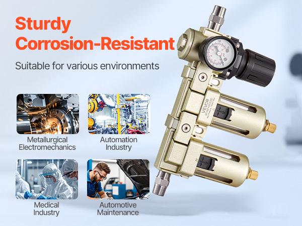 VEVOR Air Compressor Filter Regulator, 3/8 NPT Dual Stage Air-Drying System with 25m+ 5m Brass Filter Element, Semi-Auto Drain Air Compressor Water Separator 145PSI Max Working Pressure, Poly Bowl