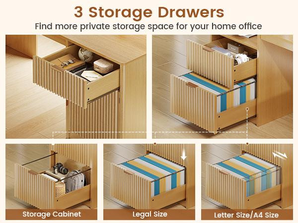 SEDETA 66 Inch Modern L Shaped Desk with Drawers Fluted Home Office Desk with File Cabinet and Printer Shelf Wood Executive Desk with Monitor Stand Power Outlets Led Lights