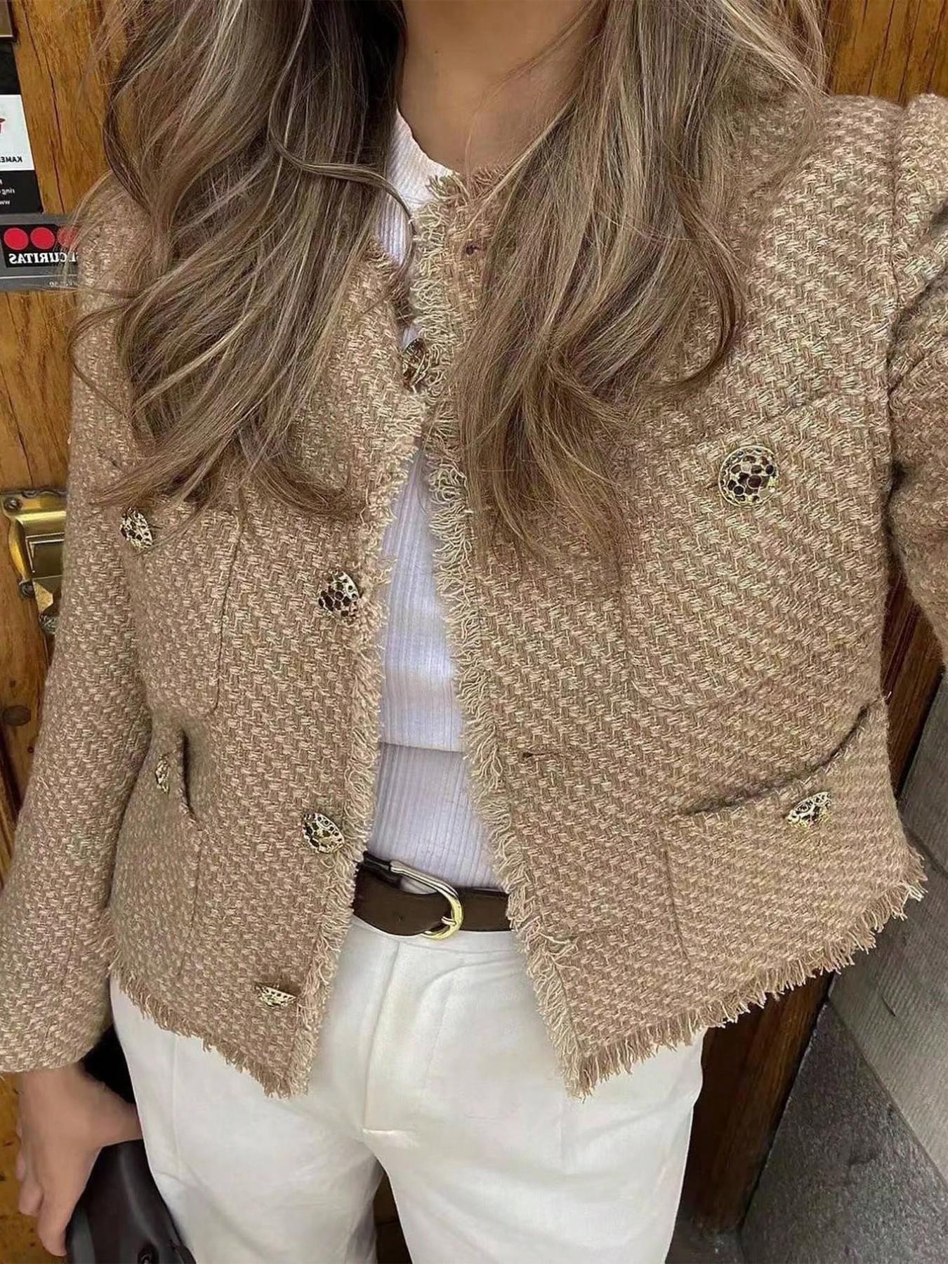 Women's Elegant Multi-Pocket Short Jacket, Fringe Edge & Metal Button Design, Perfect for Autumn Summer, Outerwear for Office, Parties & Daily Wear