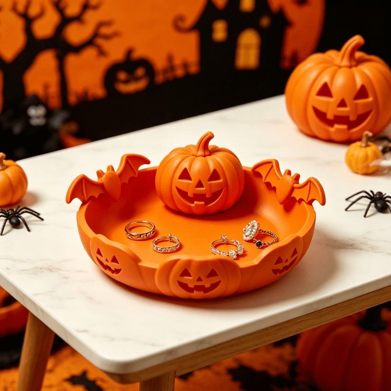 Halloween Pumpkin Bat Jewelry Tray, Gothic Pumpkin Lantern Design, Halloween Candy Bowl, Fall Decor Vanity Accessory, Halloween Gift, Plastic Storage Holder