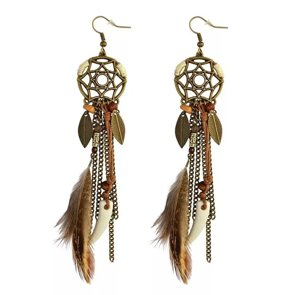 Women's Ethnic Boho Earrings with Long Tassels, Feather Leaf Dangle Design and Copper Base - Vintage Vacation Costume Jewelry, Female Wear