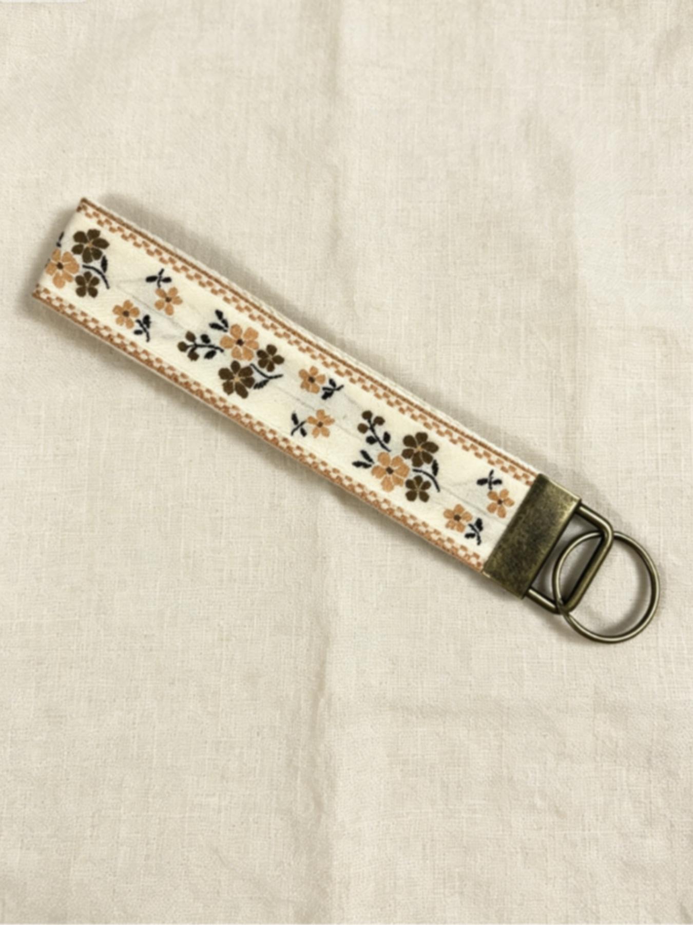 1 Embroidered Fabric Wristlet Keychain for Women, Cute Wrist Key Chain with Metal Hardware