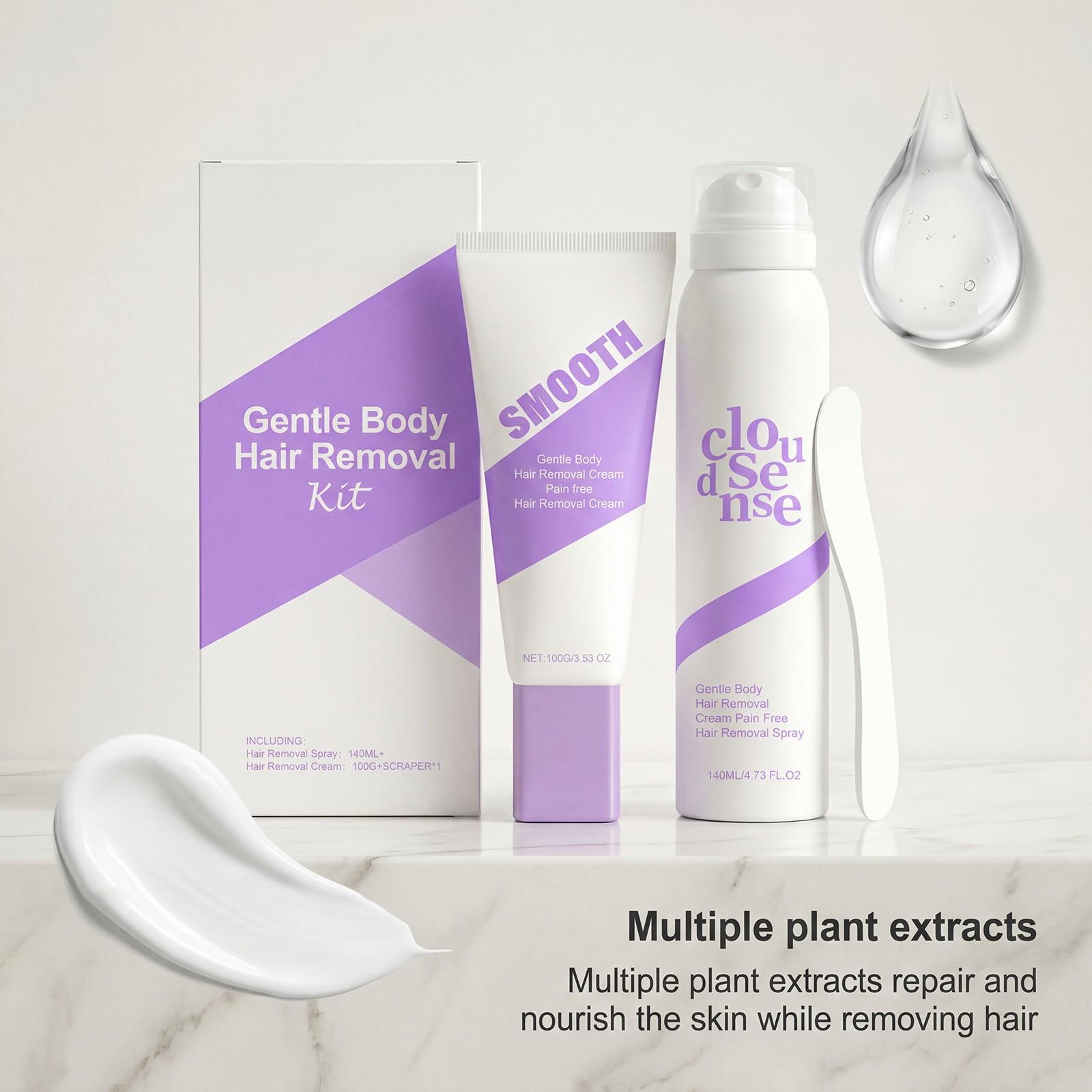 Smooth Body Hair Removal Kit, Gentle Cleansing, Moisturizing, Smooth Skin, Full Body Depilation, Portable Daily Use, Spray 140ML, Cream 100g, Scraper