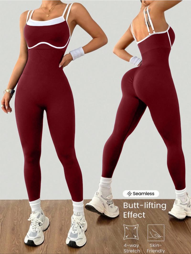 Women's Colorblock Adjustable Straps Sporty Jumpsuit, High Stretch Knit Waistband, Casual Fashion Yoga Pants, All Seasons Wear, Workout Jumpsuit