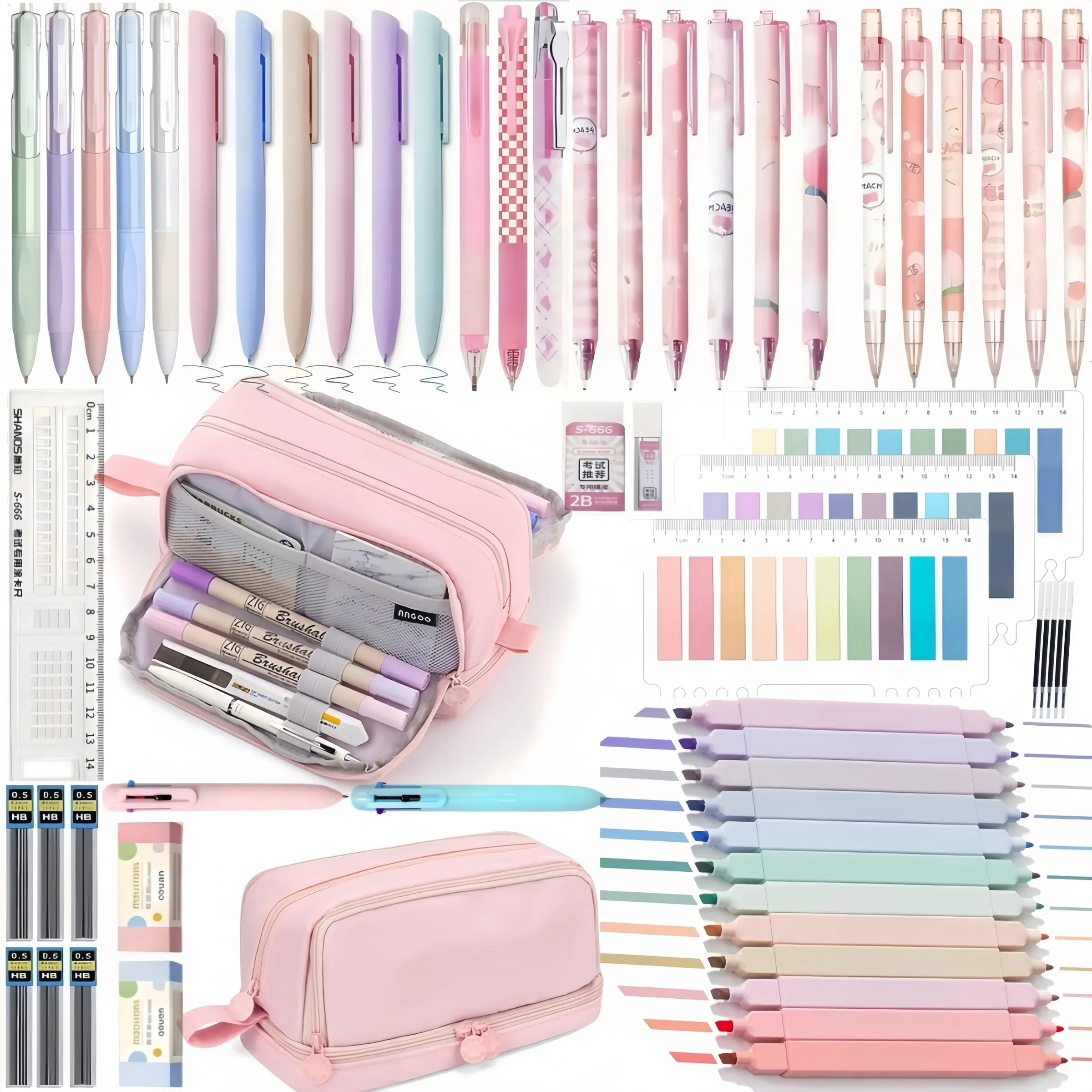 Morandi 60PCS School Supplies with Pencil Case, Stationery Set, Pink 6 Multicolor Pens, 13 Pastel Highlighters, Gel Pens, Mechanical Pencils, Back to School, College Essentials for Students