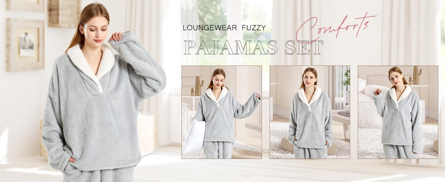 Yimoon Women' s Fluffy Pajamas Set Fleece Pullover Pants Loose Plush Sleepwear 2 Piece Pjs Set Warm Loungewear Fuzzy Outfits