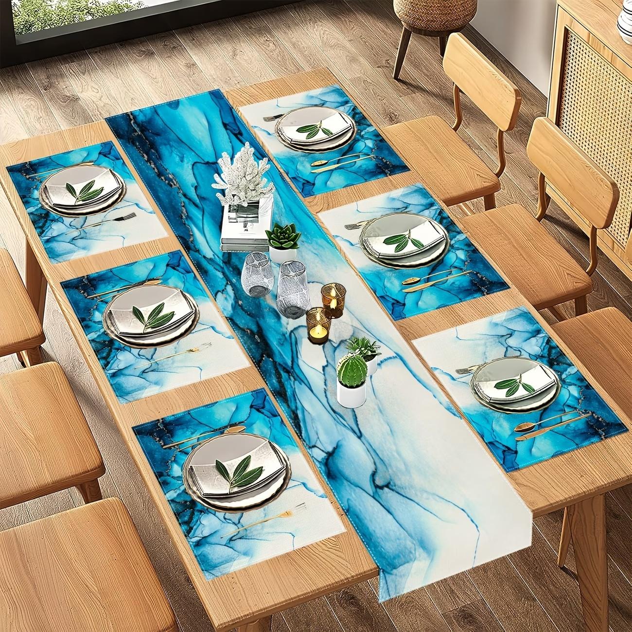 2D flat printing, 5-piece set/7-piece set table flag, dining mat, blue turquoise marble tablecloth, modern marble texture tablecloth, suitable for restaurant kitchen, wedding, holiday, party table decoration