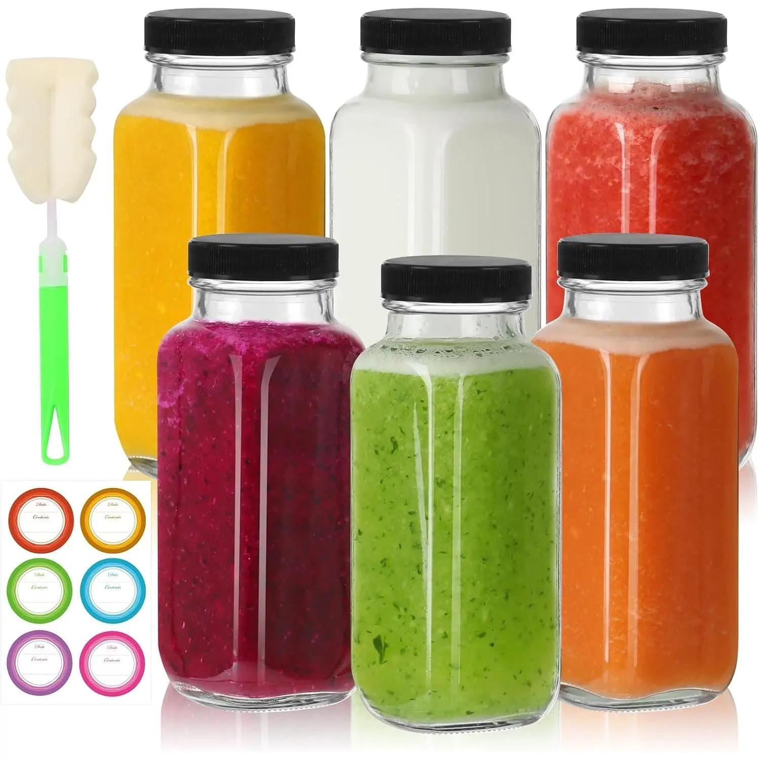 8 oz Glass Juice Bottles with Lids 6 Pack,Reusable Glass Drink Bottles | 250ml Water Drinking Jars for Milk,Juicing,Kombucha,Ginger,Beverage Glassware,Juice Drinking Jars