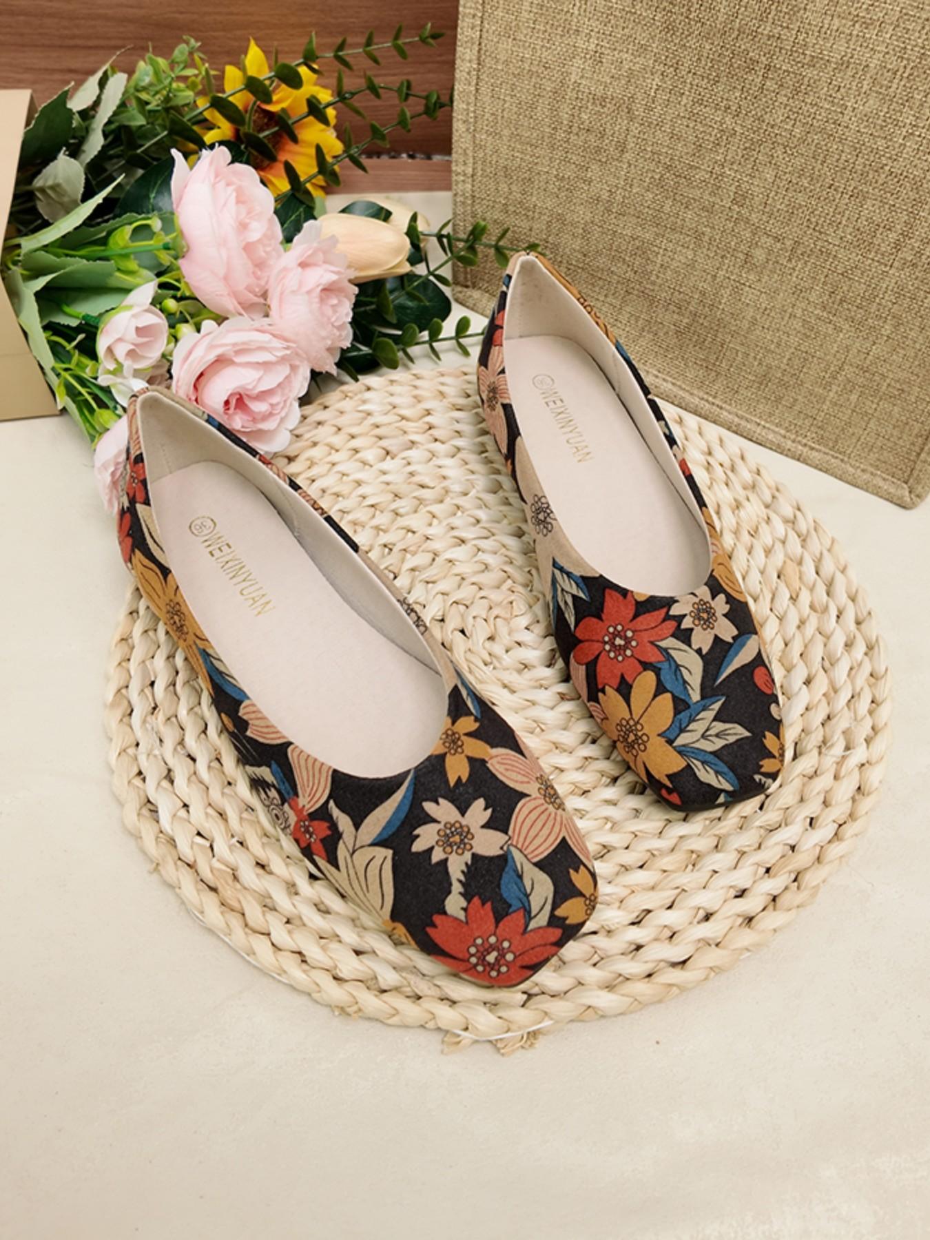 2026 Spring Summer New Square Toe Floral Low Top Shoes for Women, Soft Sole Casual Slip-On, Comfortable for All Seasons