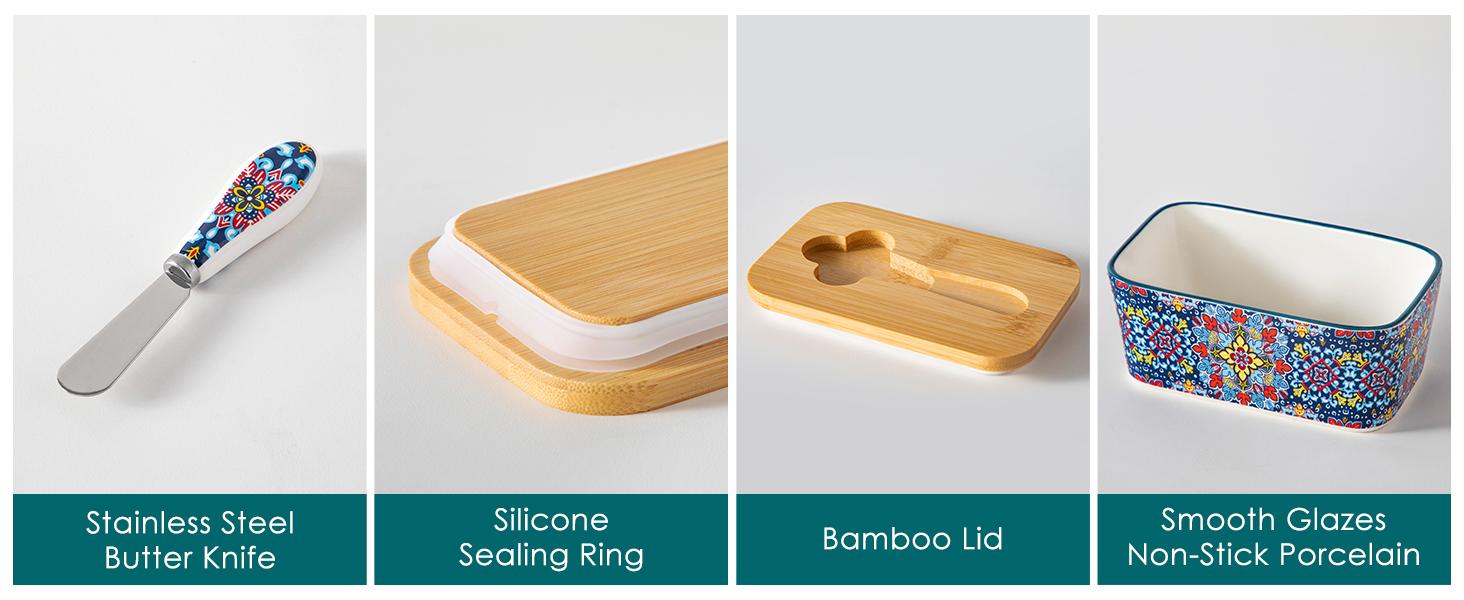 vancasso SIMI Butter Dish with Lid, 6.5" Large Butter Dish for Countertop, Bohemian Ceramic Butter Keeper Container with Knife and Bamboo Lid, Butter Holder for Counter
