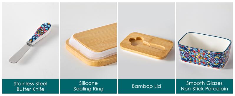 vancasso SIMI Butter Dish with Lid, 6.5" Large Butter Dish for Countertop, Bohemian Ceramic Butter Keeper Container with Knife and Bamboo Lid, Butter Holder for Counter