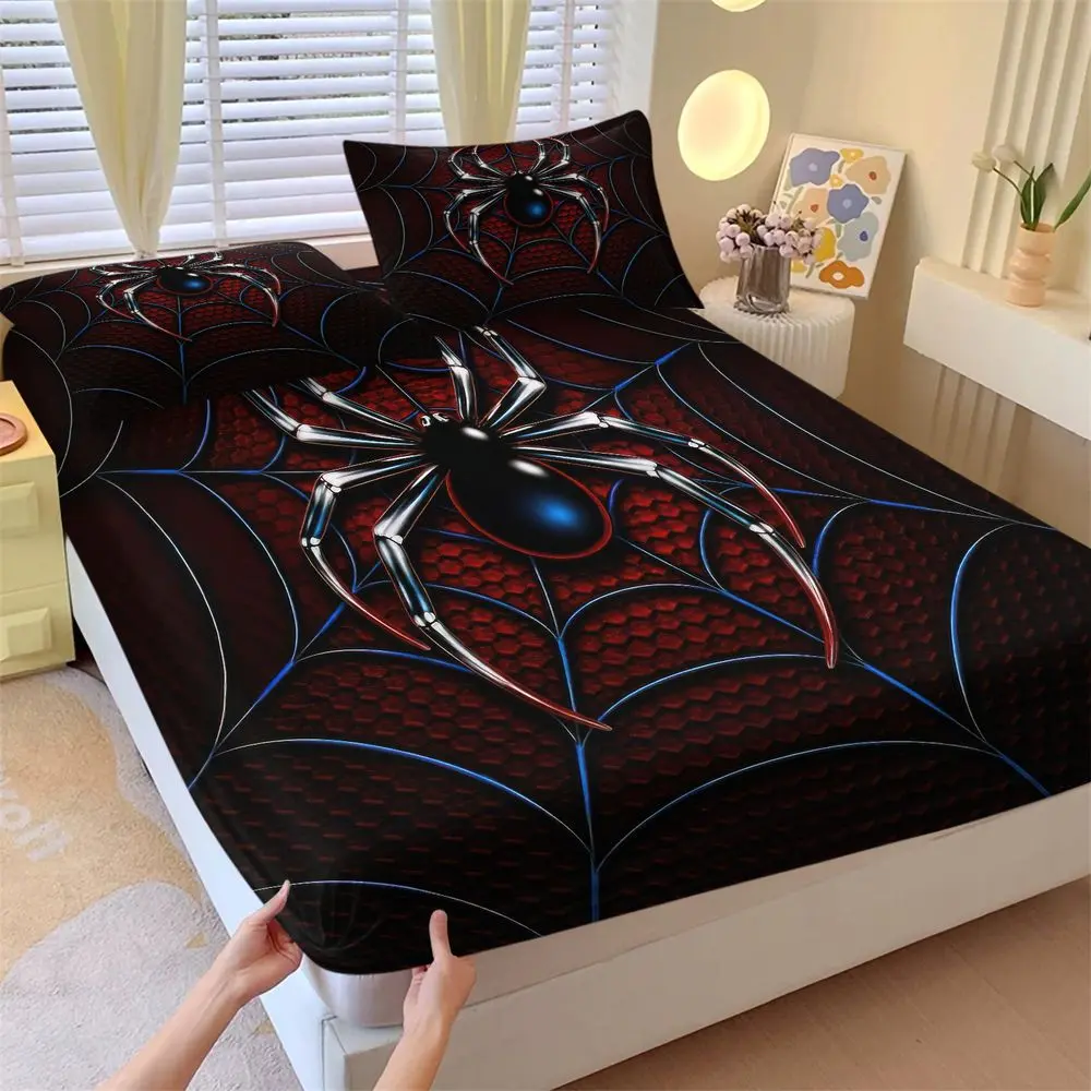 3Pcs Spider Web Print Fitted Sheet Set, Gothic Style Bed Sheets Set for Boys Bedroom, Cool Superhero Theme Bedding Set, Soft Microfiber Deep Pocket Bedspread Kit No Fillers